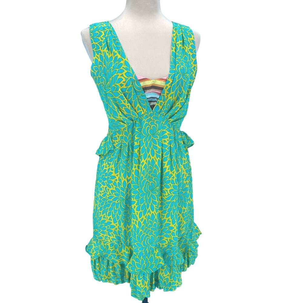 Nanette Lepore Silk Floral Ruffle Mini Dress Teal Yellow V-Neck Size 4 367-4560